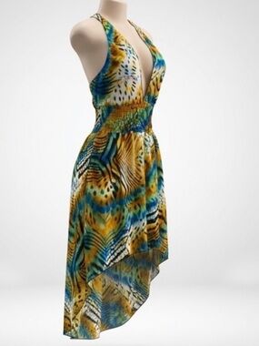 Blue & Gold Tropical Halter Style Dress